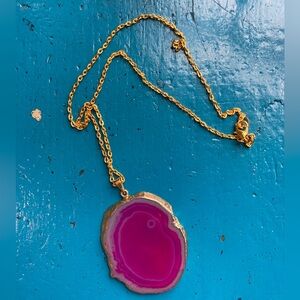 Gold and Pink Geode Slice Pendant Necklace